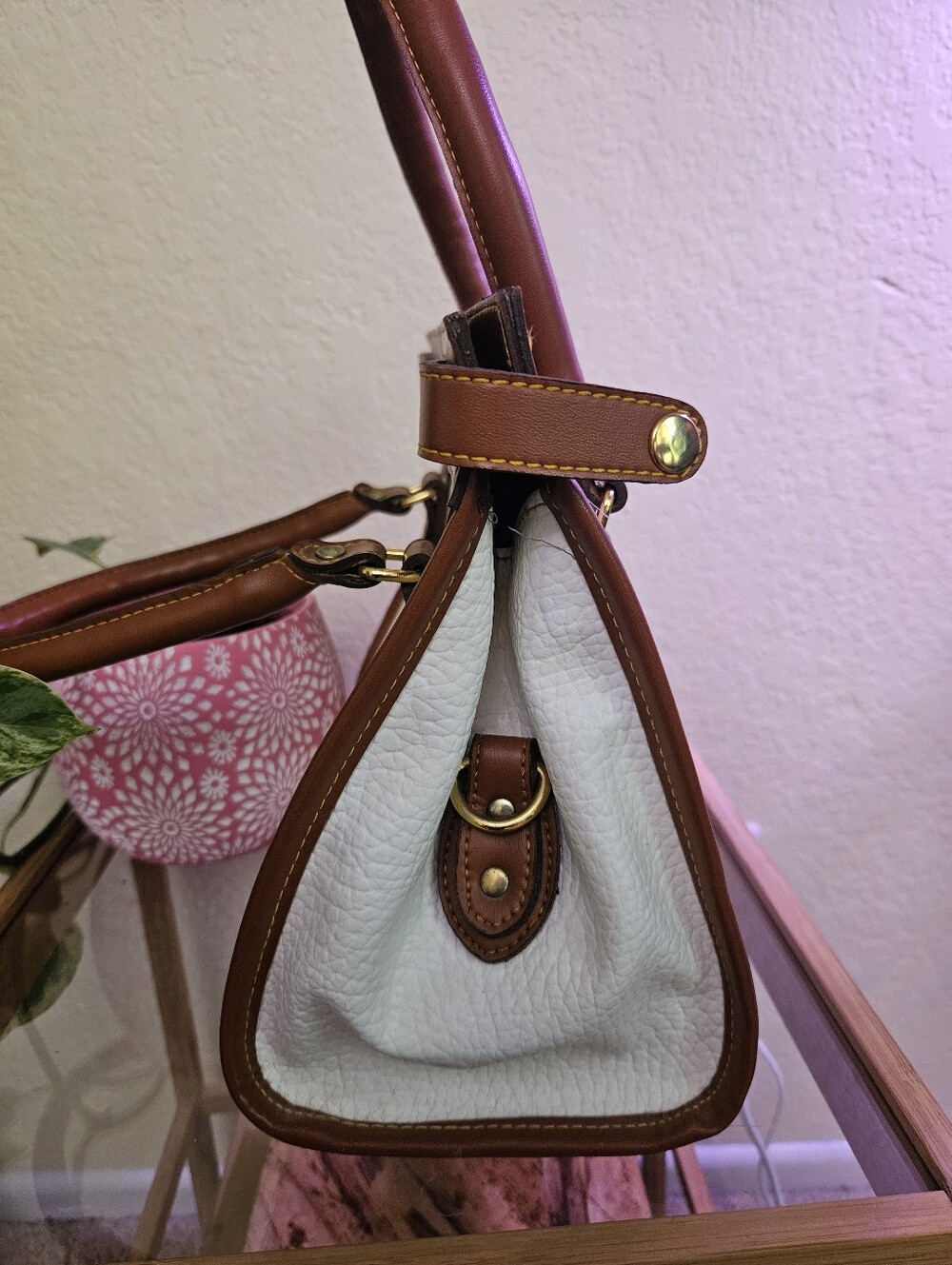 M. C. Pebbled Two-Tone Leather Bag in White and Brown - Picture 8 of 15